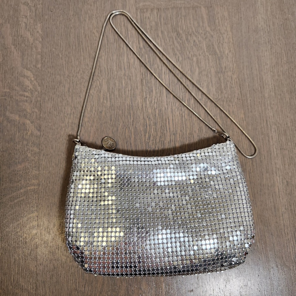 Vintage‎ Silver Metal Mesh Crossbody Evening Bag Chain Strap Disco Purse Small